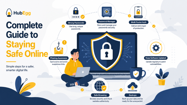 Illustration of a shield protecting online accounts, with symbols for passwords, multi-factor authentication, phishing checks, updates and backups.